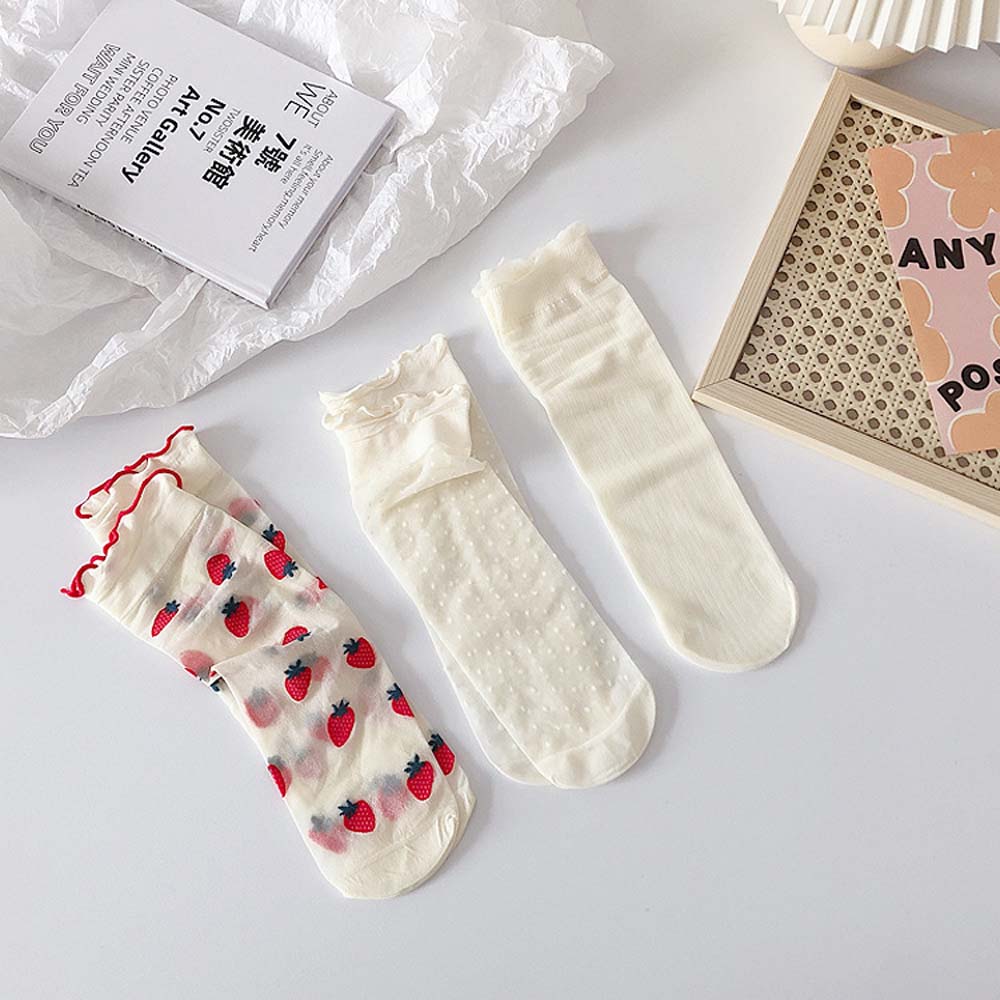 Cute College Style Japanese Lace Strawberry Lolita Socks Tube Socks Cartoon Women Hosiery