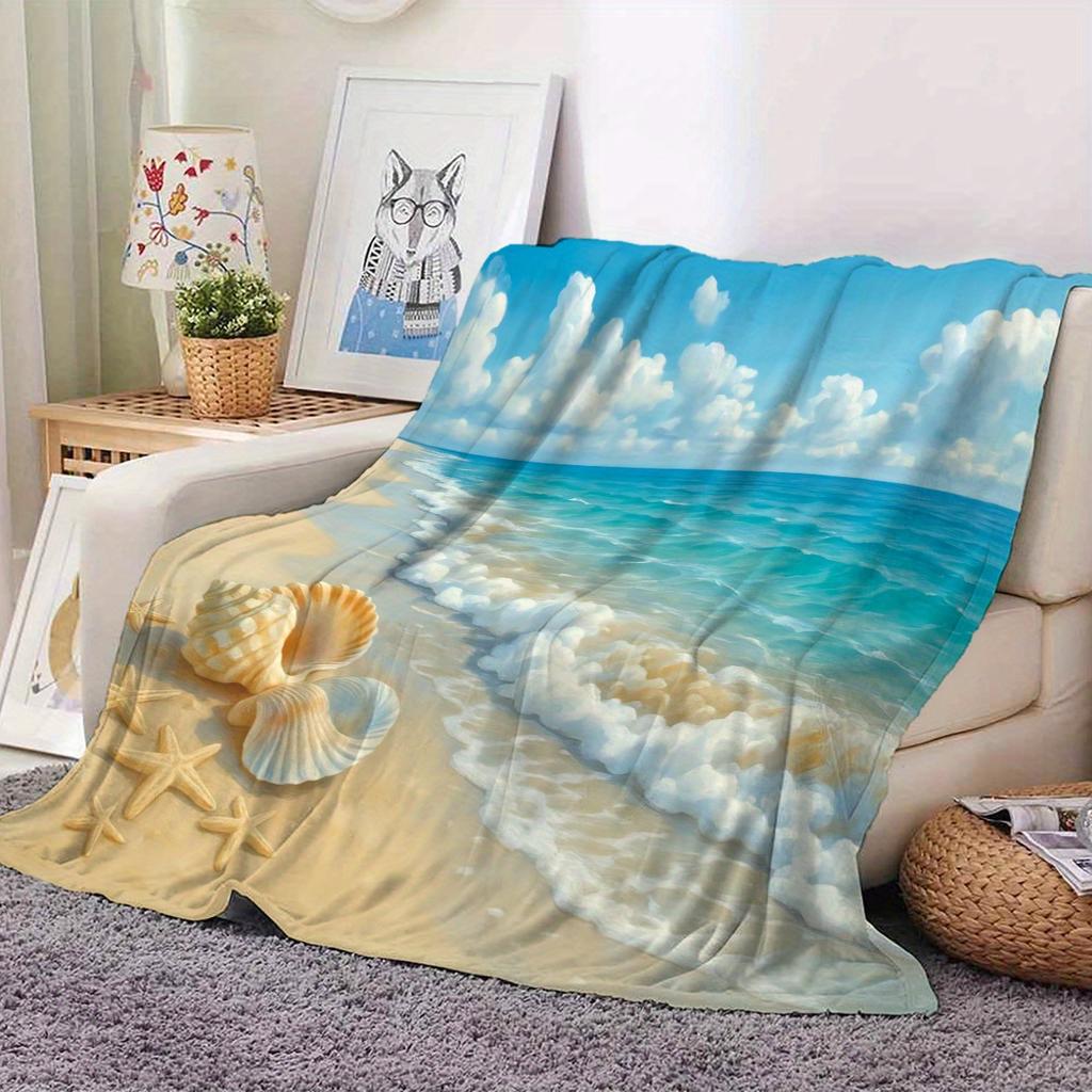 1pc Healing Beach Shell Landscape Blanket Printed Blanket Home Decoration Blanket Soft Skin-friendly Coverlet Warm, Comfortable and Soft Mac