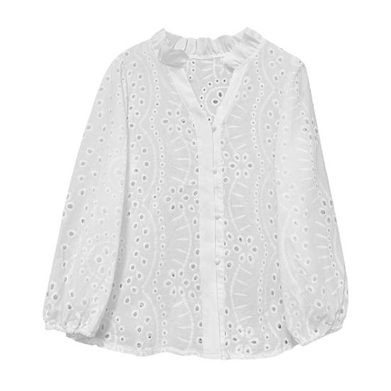 Women Shirt V-Neck Lantern Long Sleeve Single Breasted Shirt Tops Ruffle Details Hollow Design Casual