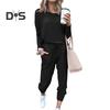 2 Pcs/Set Women Top Pants Suit Crew Neck Long Sleeves Solid Color Sleepwear Sport Sweatshirt Drawstring Elastic Waist Trousers Fitness Outfit Fall