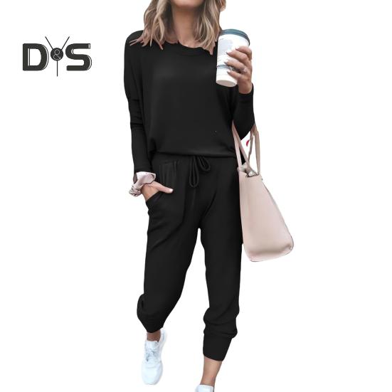 2 Pcs/Set Women Top Pants Suit Crew Neck Long Sleeves Solid Color Sleepwear Sport Sweatshirt Drawstring Elastic Waist Trousers Fitness Outfit Fall