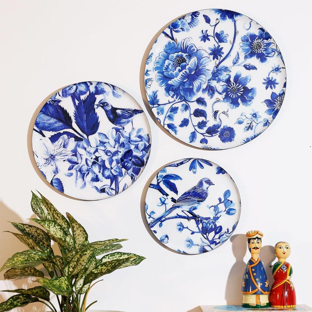 Metal Decorative Wall Plates | Flower and Bird Art Design | Living Room Wall Decoration | Décor Items | Gift Items (Multicolour) (Set of 3)