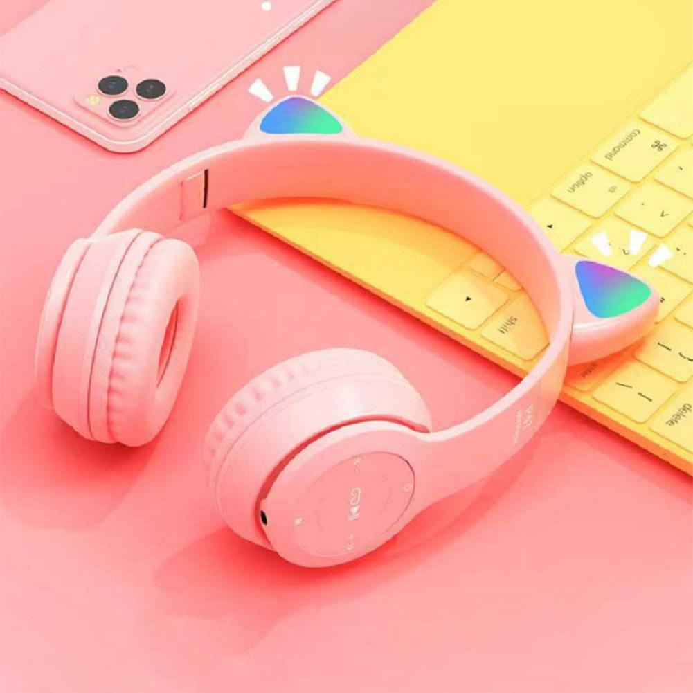 Wireless Bluetooth Headphones Cute Cat Ear Gaming Headset with LED Flash Light Helmets Stereo Bass Music Headsets For Girl Gifts