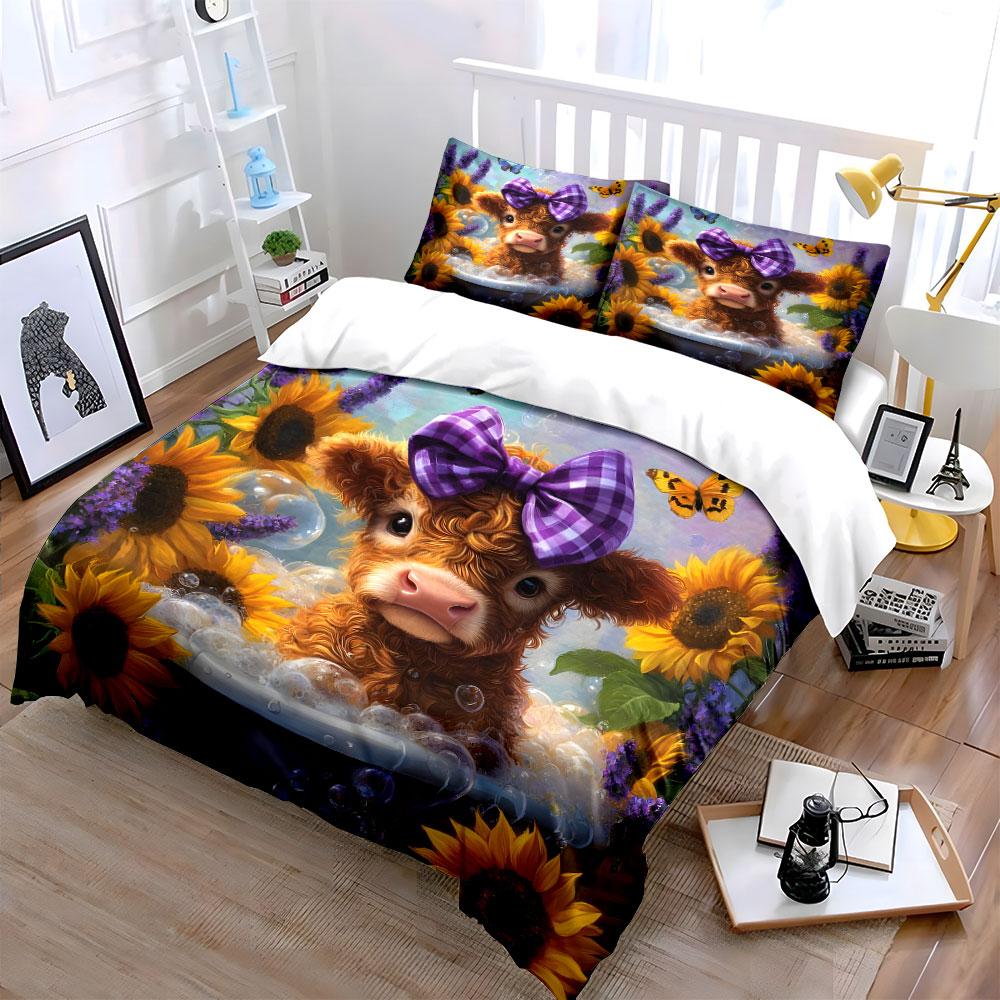 Highland Cow in Floral Bath Bedding Duvet Cover Set (1*Duvet Cover 2*Pillowcases, without duvet insert)