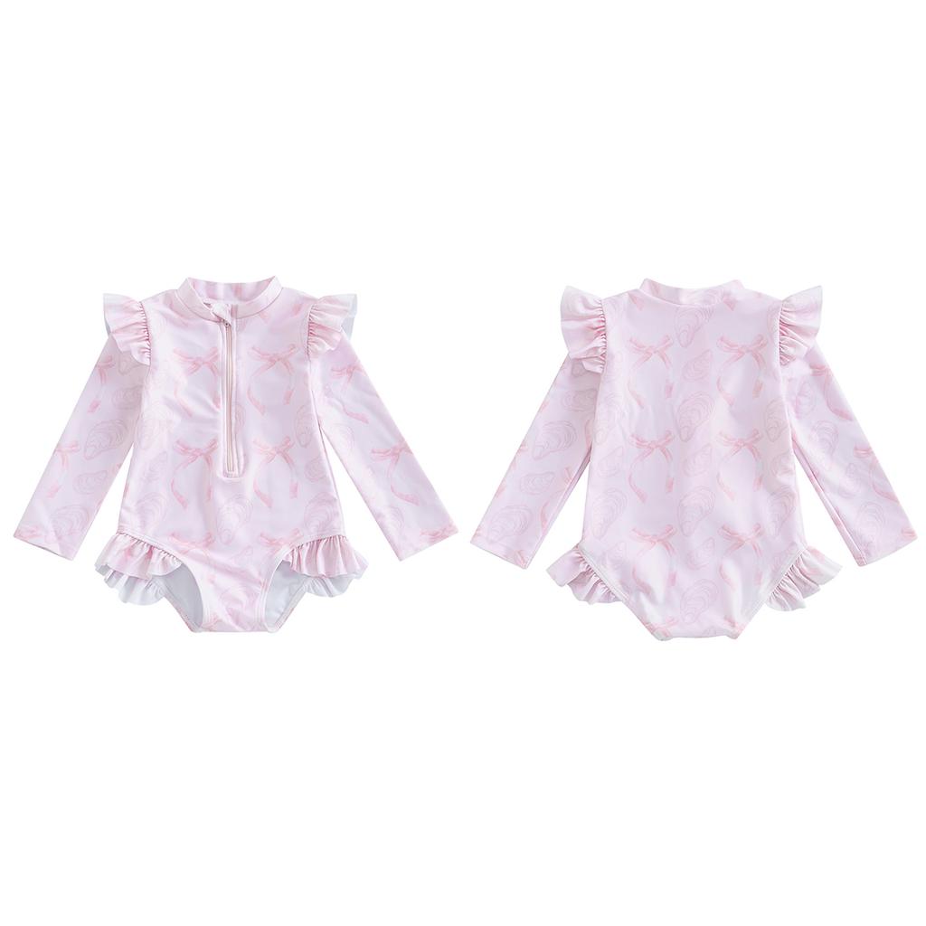 Купальники-ракушки для девочек, с бантом, на молнии, с длинным рукавом и воротником-стойкой, для маленьких девочек