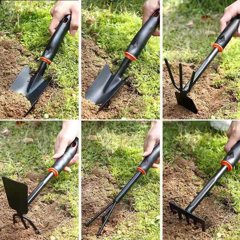 Dual-Purpose Gardening Tool Set: Black Handle Spray Hoe, Five-Tooth Rake, and Shovel