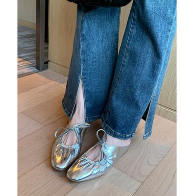 Принцесса Анна~! Французские плиссированные туфли-мешки на шнуровке женские серебристые туфли Мэри Джейн