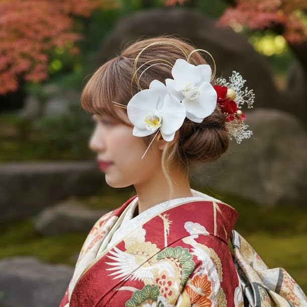 TATA8 982 Phalaenopsis Orchid Hair Ornament Set for Kimono and Weddings