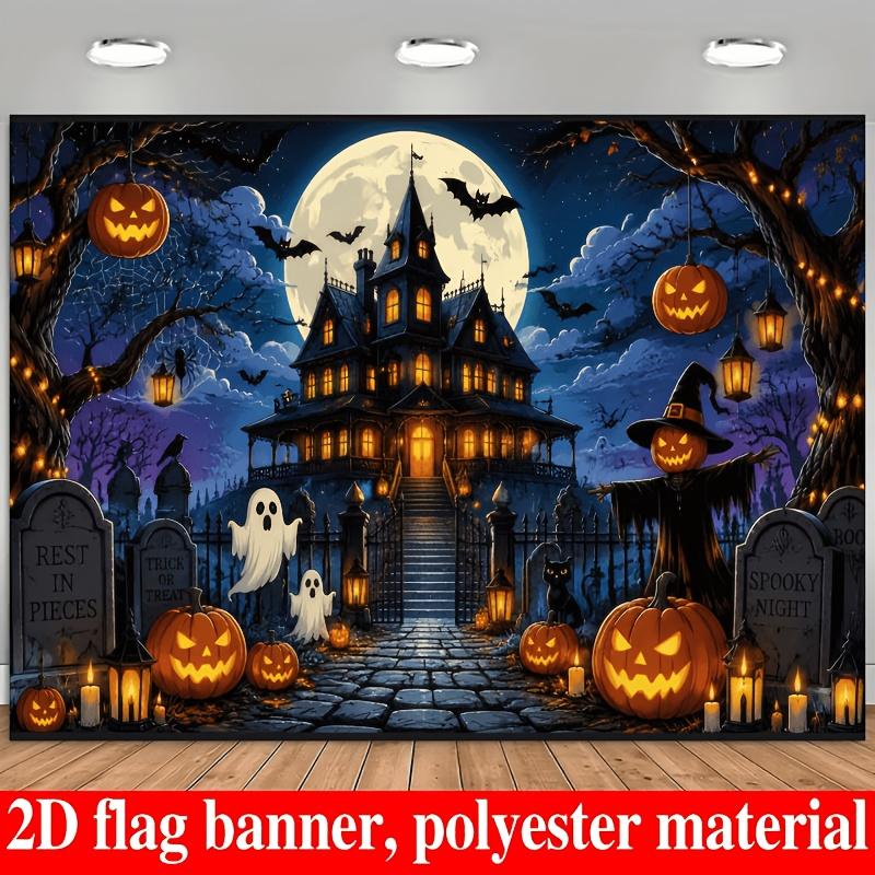 2D flat, Halloween-themed background cloth, including castle haunted house, jack-o-lanterns, ghosts, bats, tombstones