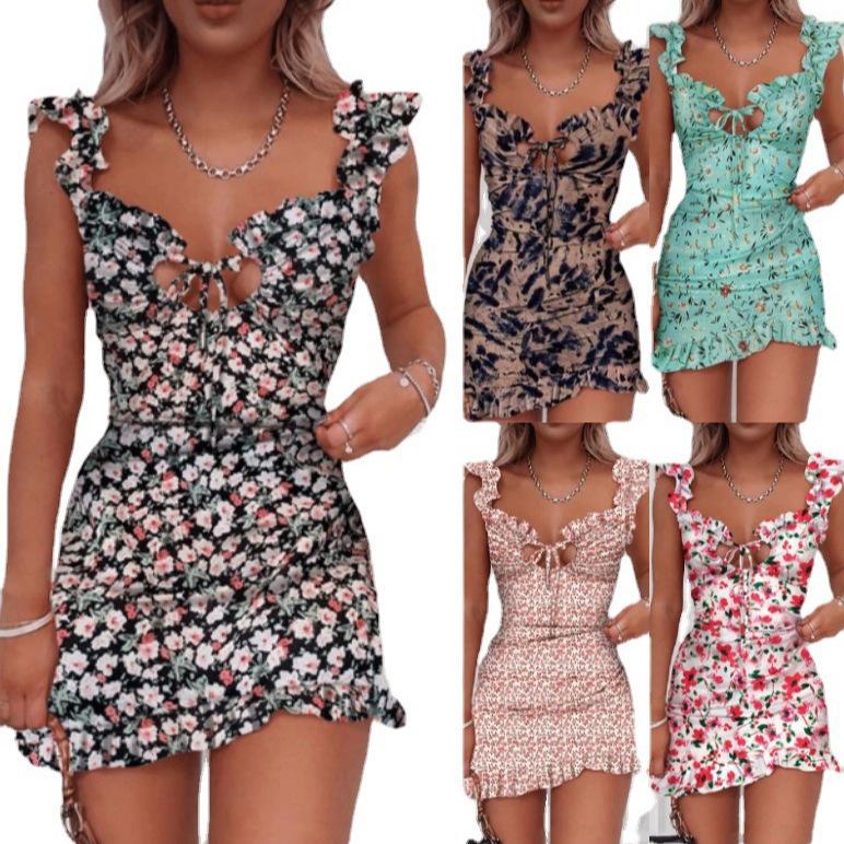 2023 European and American new Amazon short suspender short ruffle edge floral dress in stock