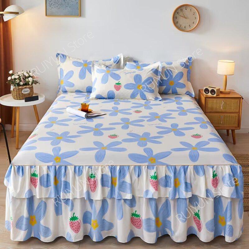 New Princess Printed Double Layers Bed Skirt Non-slip Mattress Cover Home Bedroom Soft Bedspread Bed Skirt Bedsheet Bed Cover
