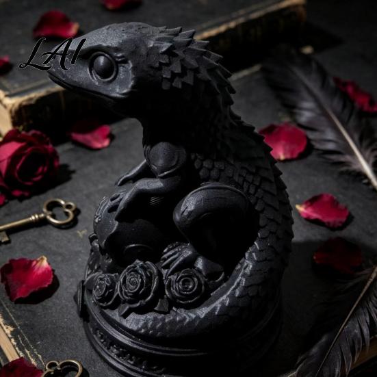 Resin Gothic Home Decor 3D Printed Gecko Skeleton Rose Ornament Spooky Office Desk Ornament Statue Desktop Animal Sculpture for Halloween