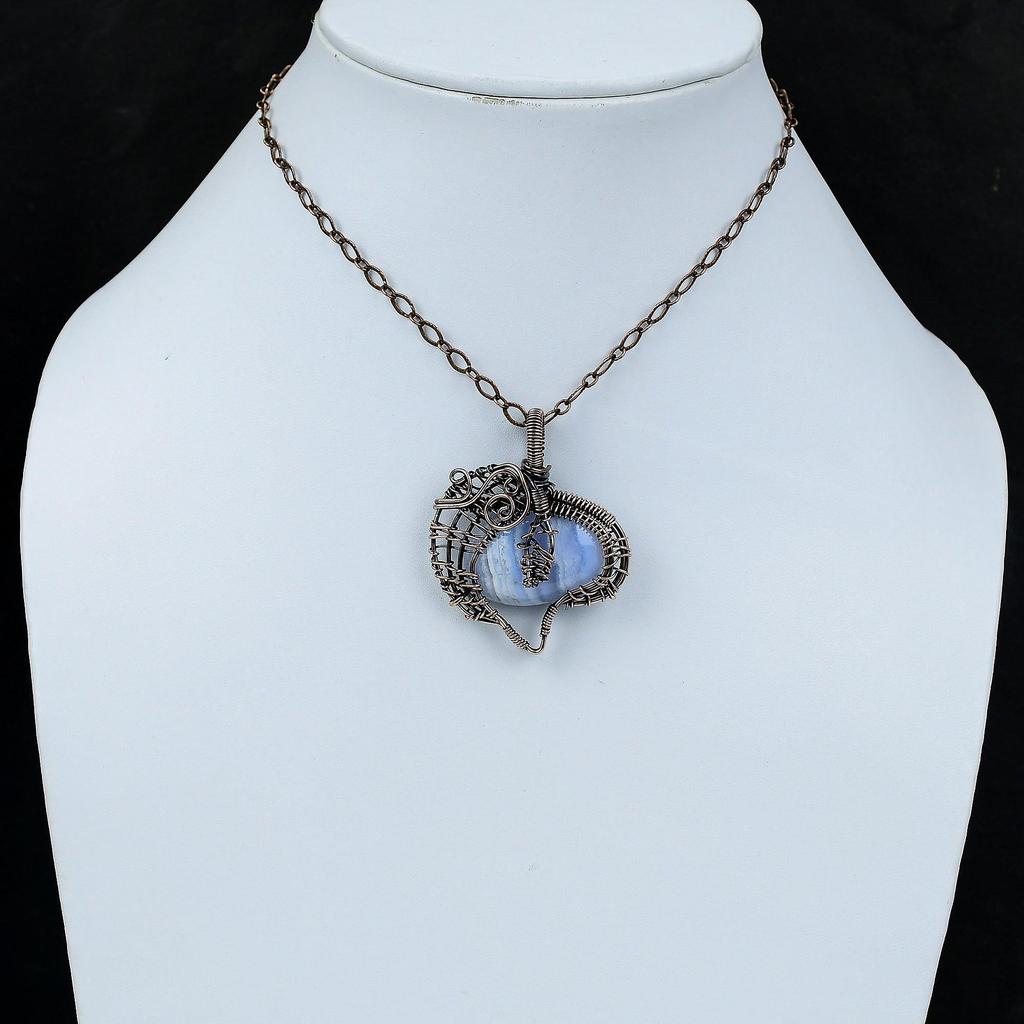 Blue Lace Agate Pendant Copper Wire Wrapped Gemstone Pendant Handmade Pendant Copper Wire Wrap Jewelry Wedding Gift Blue Lace Agate Jewelry