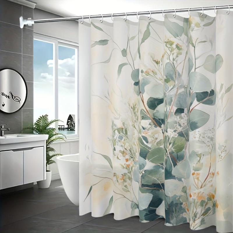 1pc Eucalyptus Leaf Shower Curtain Set with Hooks, HD Printing, Easy to Clean, Hole-free Installation, Bathroom Decoration