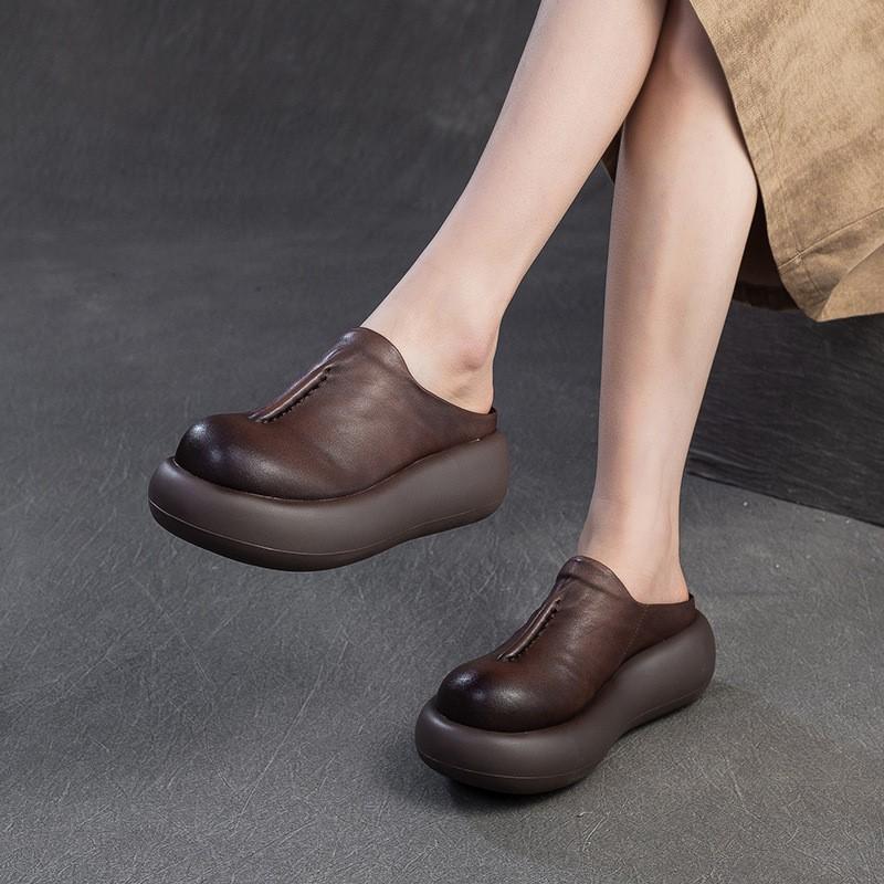 Johnature Thick Soled Slippers Genuine Leather Round Toe Versatile Women's Flat Platform Shoes