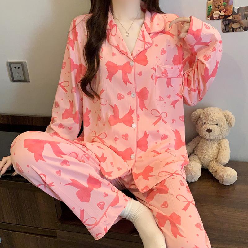 Japanese fashion casual pajamas women's spring and autumn new wrinkled cloth long-sleeved trousers sweet striped loungewear