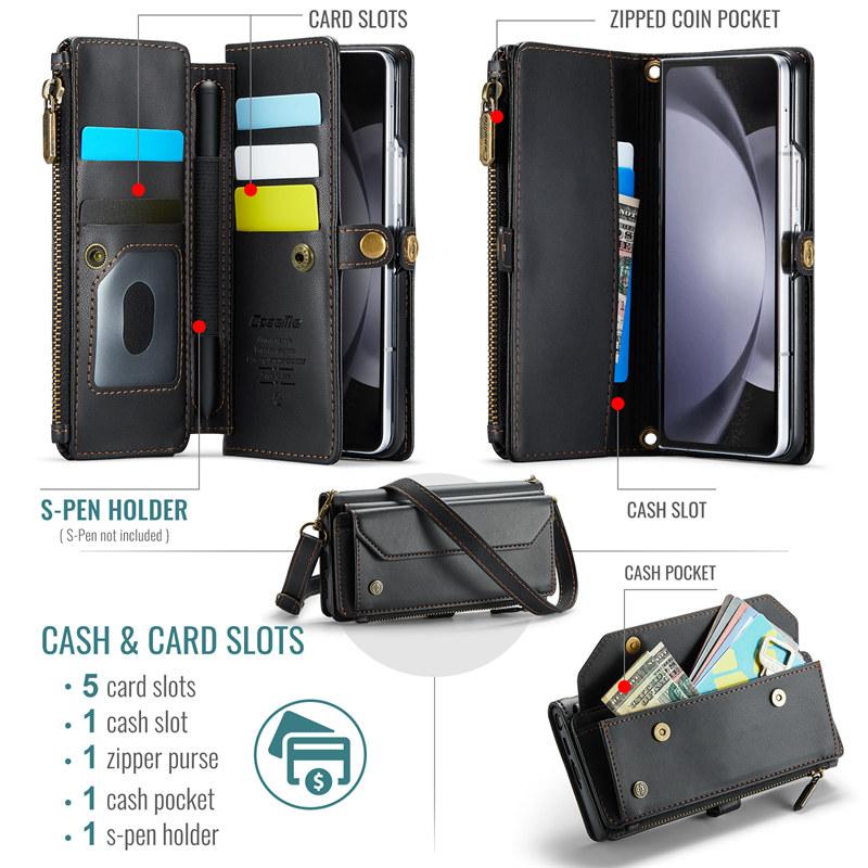 CaseMe Кожаный чехол-книжка для Samsung Galaxy Z Fold 7 5G 6 5 4 3 S26 Ultra S25 Edge S24 FE S23 S22 S21 S20 Plus Note 20 Кошелек на молнии Чехол-кардхолдер