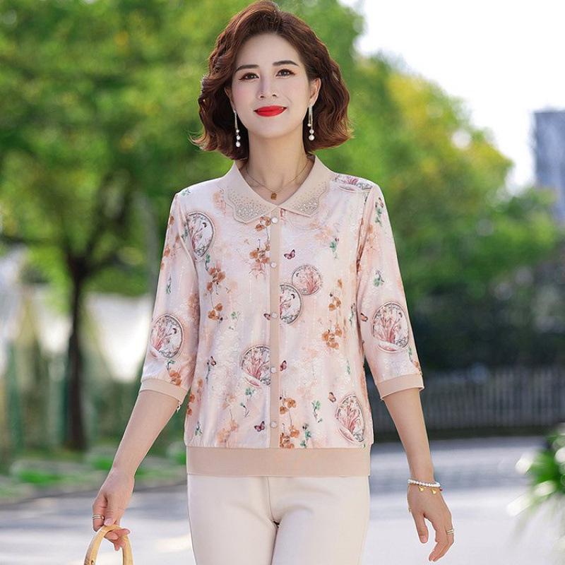 2026 Spring New Mother's Seven-Sleeve Ice Silk T-Shirt for Middle-Aged & Elderly Women - Spring/Summer Fashion Lapel Top