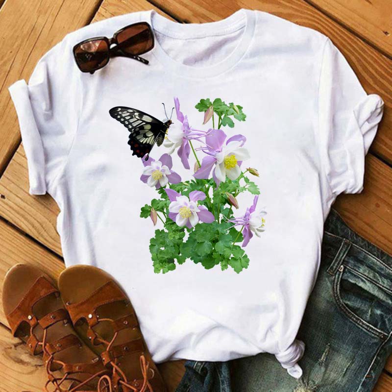 Женская футболка с принтом цветов и бабочек, повседневная футболка с коротким рукавом, женская футболка, женская футболка с рисунком