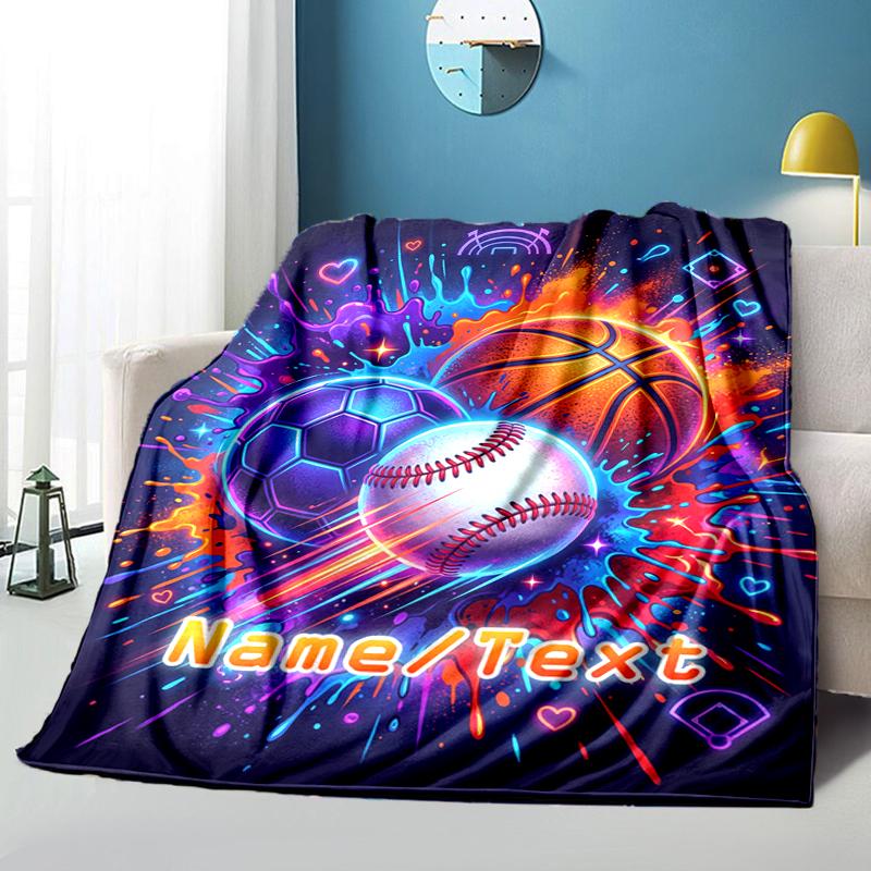 1PC Custom Name Sports Ball Celebration flannel blanket versatile,all-season throw suitable for the living room,bedroom,camping,travel,and gift