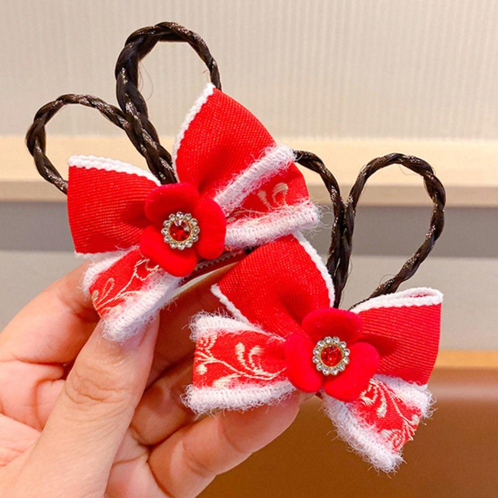 2pcs Chinese Style Ancient Style Hairpin Bow Wig Braid Hairpin Princess Children Red Hairclip