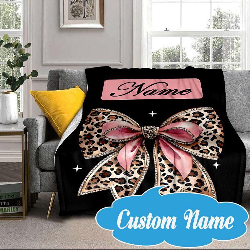 Custom Name Leopard Print Bow Blanket bed sofa Blanket Flannel Blanket for Camping, Hiking, Picnic Essentials,gift for Fan family