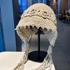 Street shot concave shape handmade three-dimensional crochet pearl wool hat girls light hollow fringed braid pullover hat