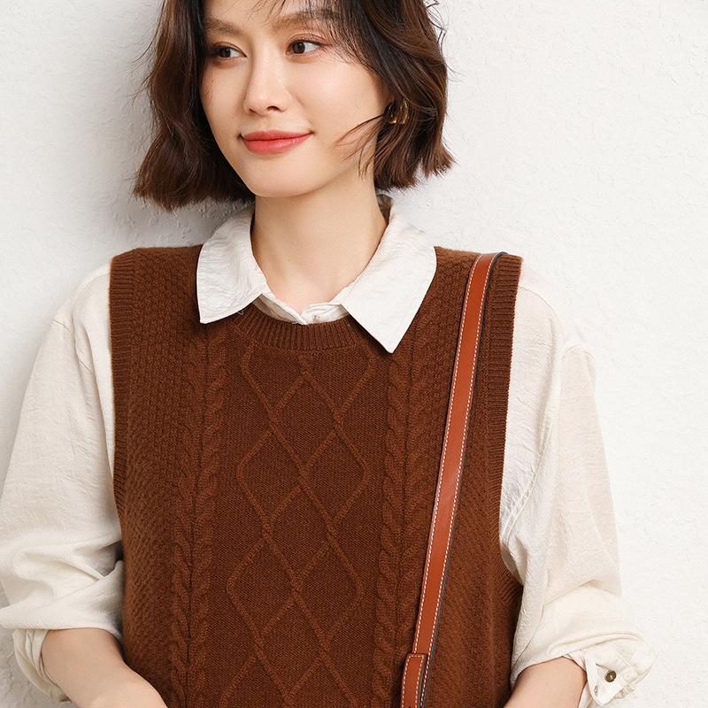 Кардиган-жилет жаккардовой вязки с круглым вырезом для женщин на осень и зиму. Новый свободный и универсальный вязаный жилет без рукавов. Теплый топ.