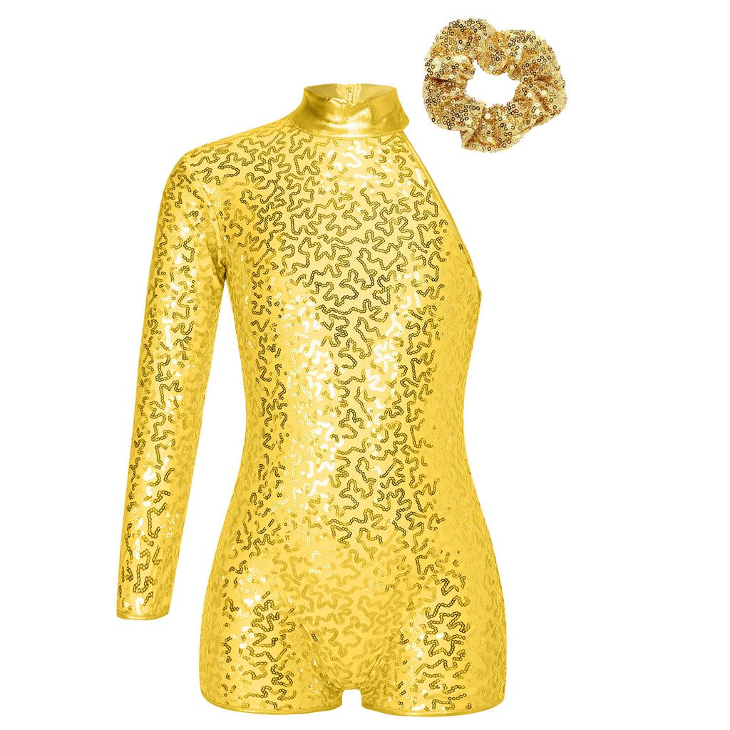 Girls Sparkly Sequin Gymnastics Leotard One Shoulder Long Sleeve Bodysuit with Hair Tie Jazz Dancewear