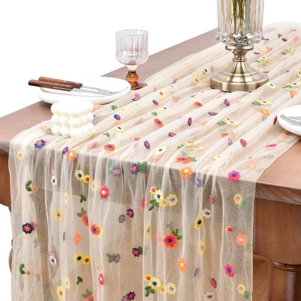 Vintage Embroidery Daisy Table Runner Boho Floral Tablecloth  Holiday Decoration