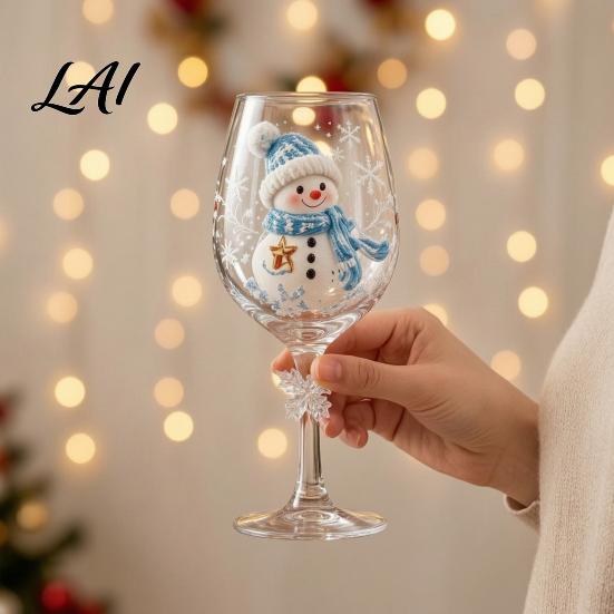 Artistic Tableware for Dining Christmas Wine Glass Santa Snowman Reindeer Stocking Tree Wreath Pattern Stemmed Red Goblets Holiday Glassware
