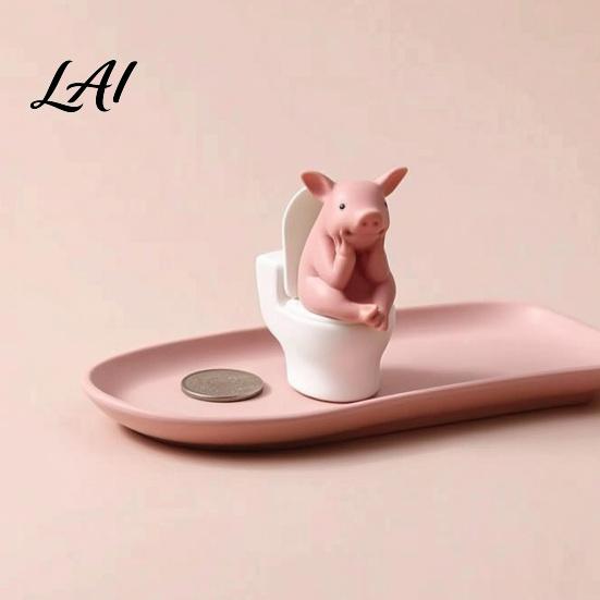 Toilet Pig Statue Miniature Pink Figurine Sitting on Thinking Ornament Statue Cartoon Farm Animal Decoration for Home Office Bathroom Figurine
