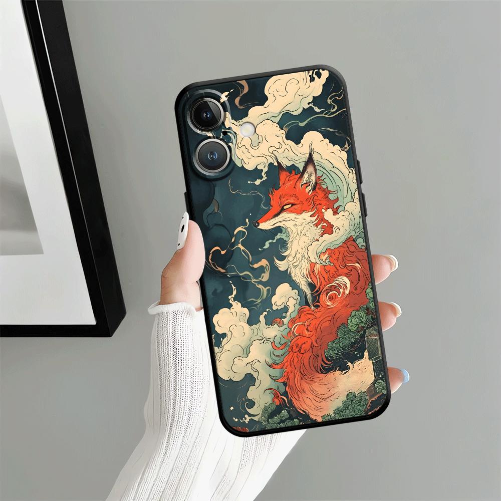 Ретро Чехол с Лисой и Кошкой для iPhone 17Air XS Max 13 12 11 17 Pro Max XR 7 8 15 16 14 Plus Черный Мягкий Чехол для Телефона