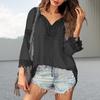 Women Tops V-Neck Embroidery Lace Trim Lace-up Long Sleeve Pullover Tops Solid Color Loose Fit Casual Style Shirt
