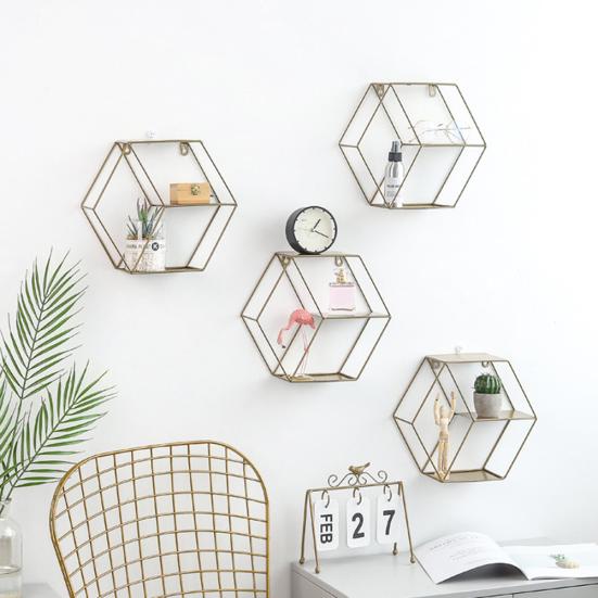 Металлическая шестиугольная настенная полка для хранения, украшение для гостиной, спальни