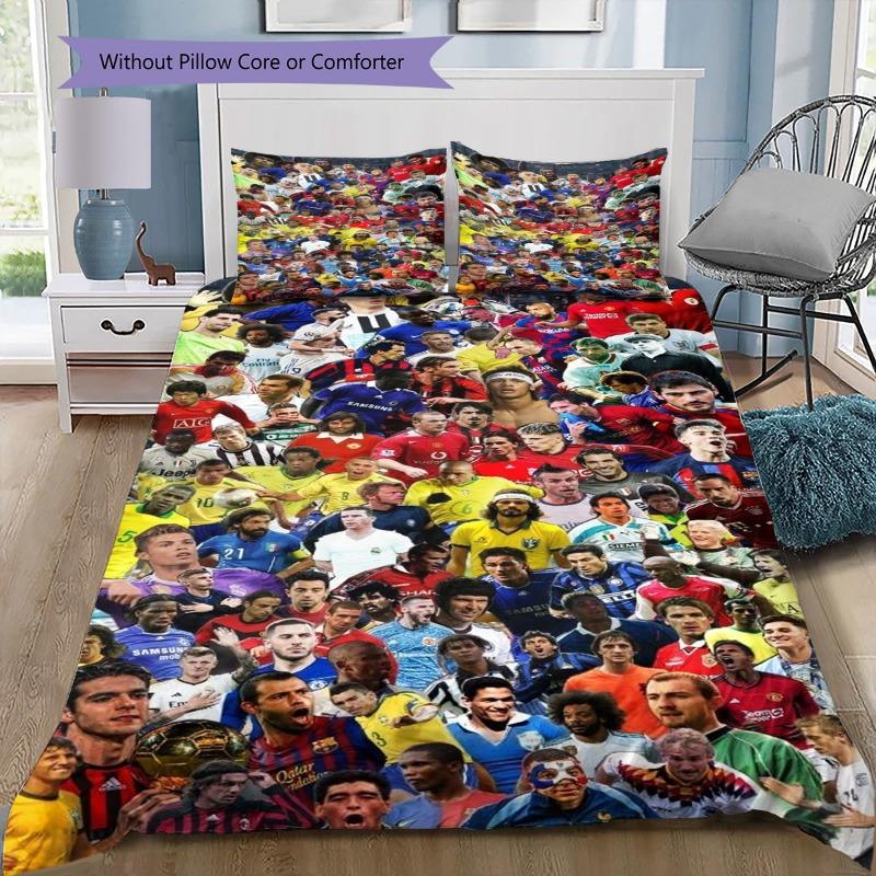 Football Stars Collage Poster 3Pcs Bedding Set, Duvet Cover with 2 Pillowcases, Soccer Fan Bed Linens, No Comforter No Pillow Core