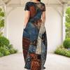 Women Plus Size Round Neck Short Sleeve Purple White Printed Loose Maxi Dress With Side Pockets