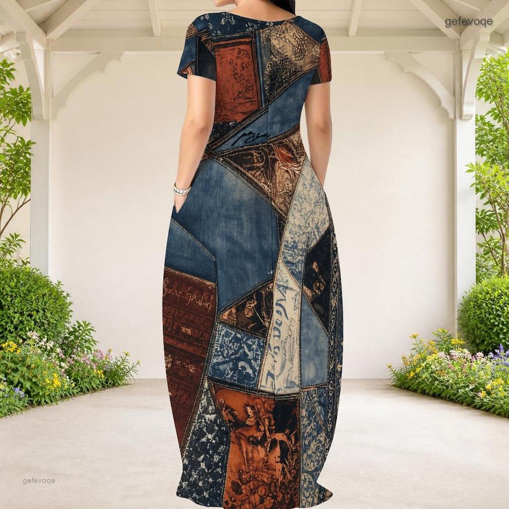 Women Plus Size Round Neck Short Sleeve Purple White Printed Loose Maxi Dress With Side Pockets