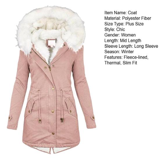 Women Winter Cotton Coat Plus Size Faux Fur Hood Fleece-lined Zip-up Press Button