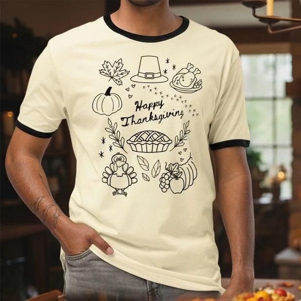 Happy Thanksgiving Doodle Ringer T-Shirt, Cute Turkey Day Tee