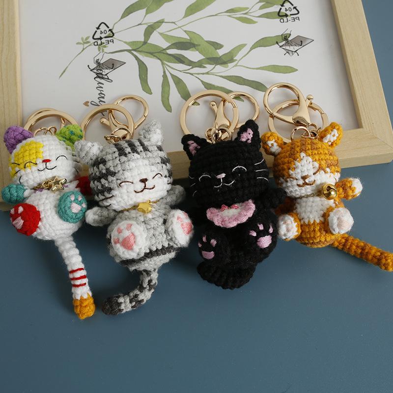 Handmaking Crochet Kitten Keyrings Cute Smiling Cat Doll Crochet Keychain Cartoon Kitten Series Knitting Doll Keychain Custom