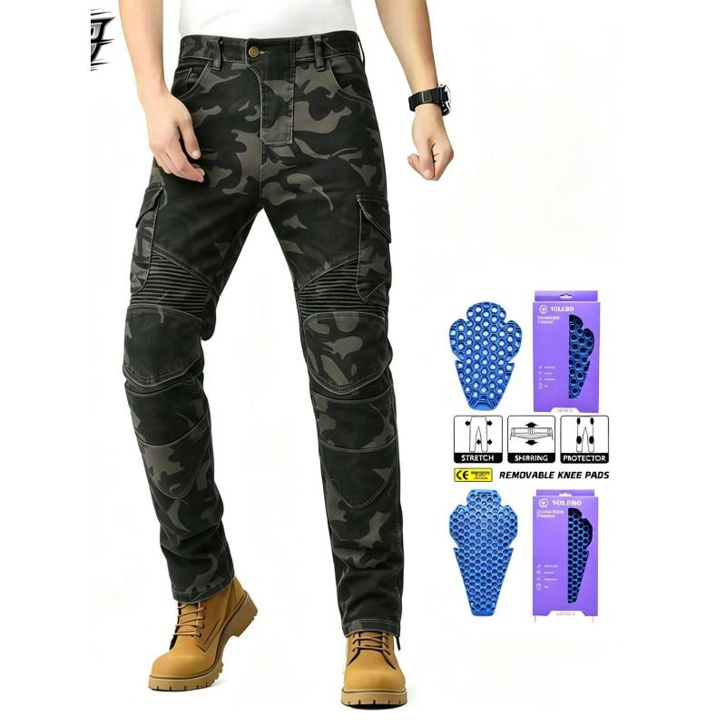 Mens Motorcycle Riding Pants Tactical Cargo Jeans With CE Armor Pads Camo All-Season Durable Moto Trousers