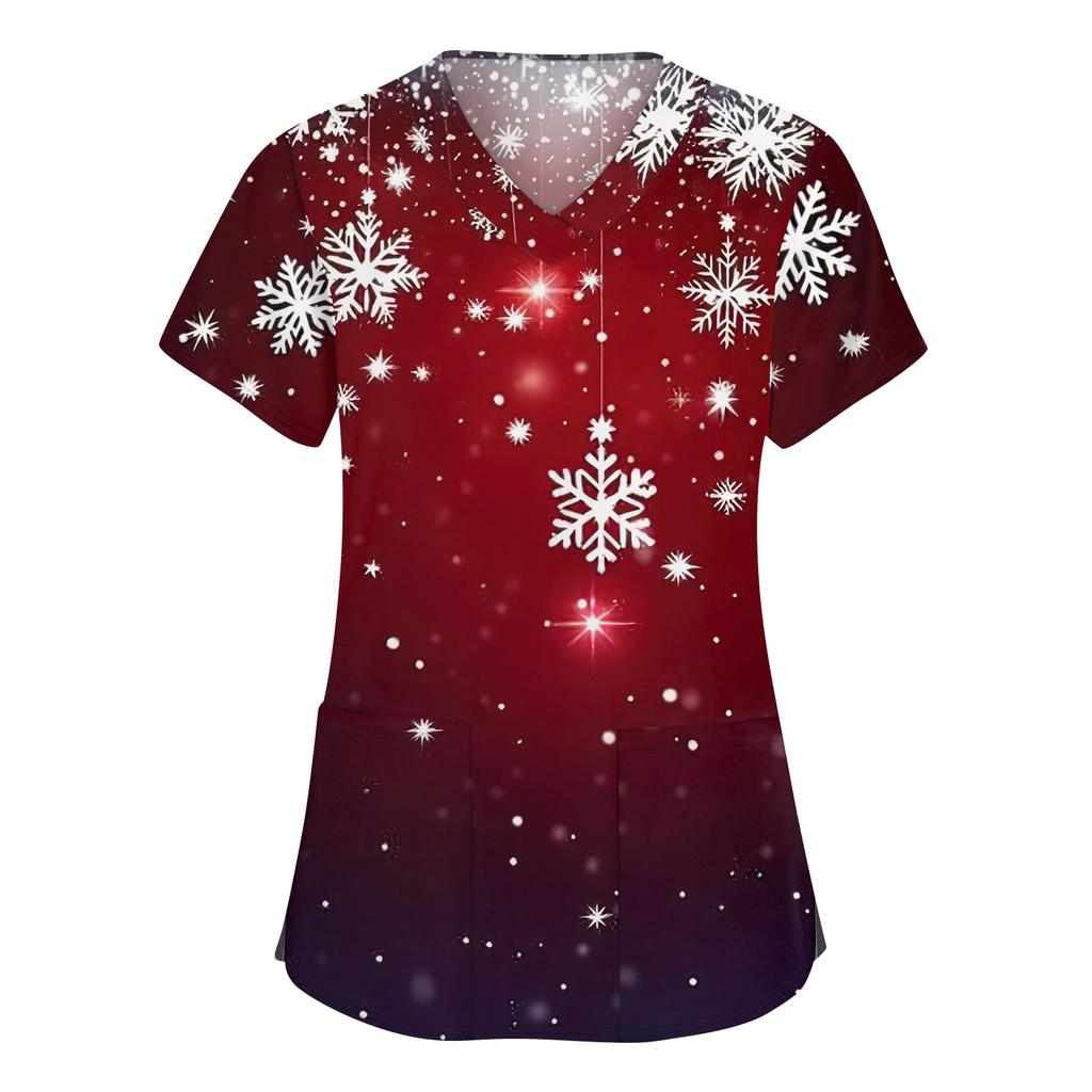 Women's Fashion V-neck Short Sleeve Workwear With Pockets Christmas Printed Tops