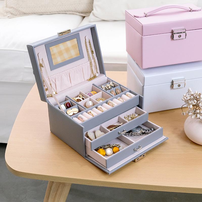 Трехслойная роскошная кожаная шкатулка для украшений с большой вместимостью для хранения ожерелий и сережек