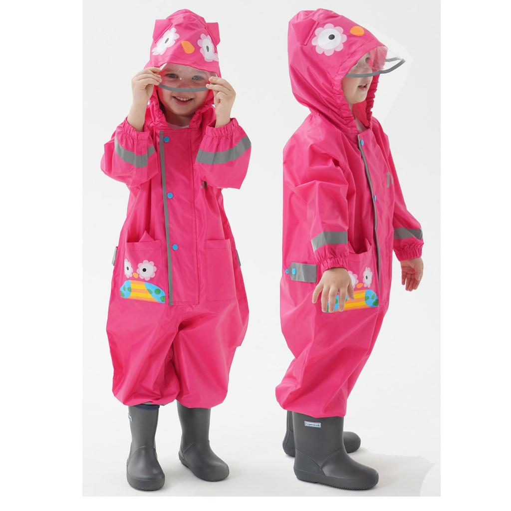Pink Owl Print Kids Raincoat With Clear Visor Hood Reflective Strips Waterproof Toddler Rain Cute Animal Themed Rainy Day Gear