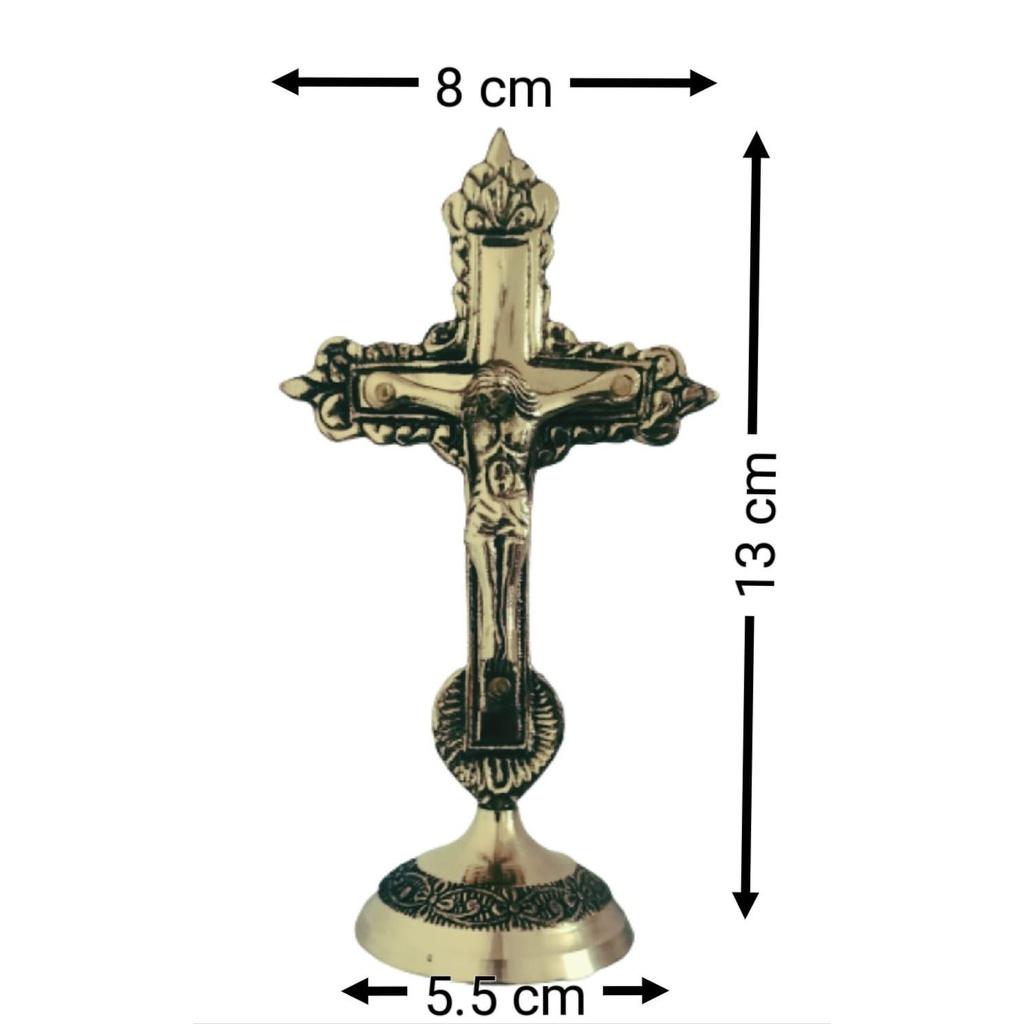 Настольная статуэтка Иисуса Христа из чистой латуни с христианским крестом | Идол на кресте в античной отделке для молитвы | Поклонение, украшение для дома и офиса, золотое (5 дюймов)