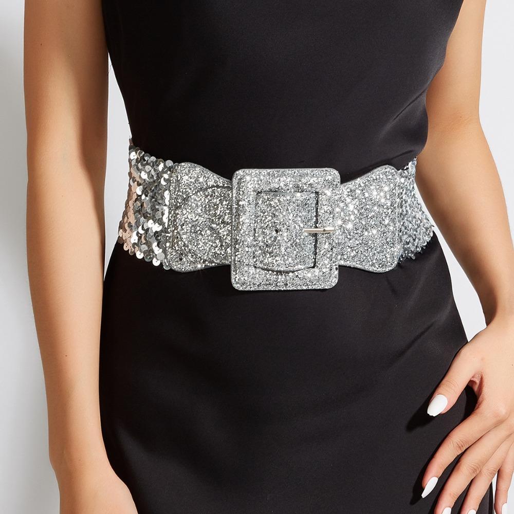 Shiny Elastic Cummerbunds Metal Square Buckle Waist Corset Belts Personality Wide Belt  Ladies