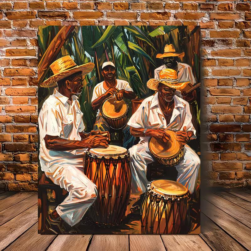 Frameless Canvas Artwork Depicting A Scene of Cubans Playing Gongs and Hand Drums, Suitable for Office or Wall Decoration