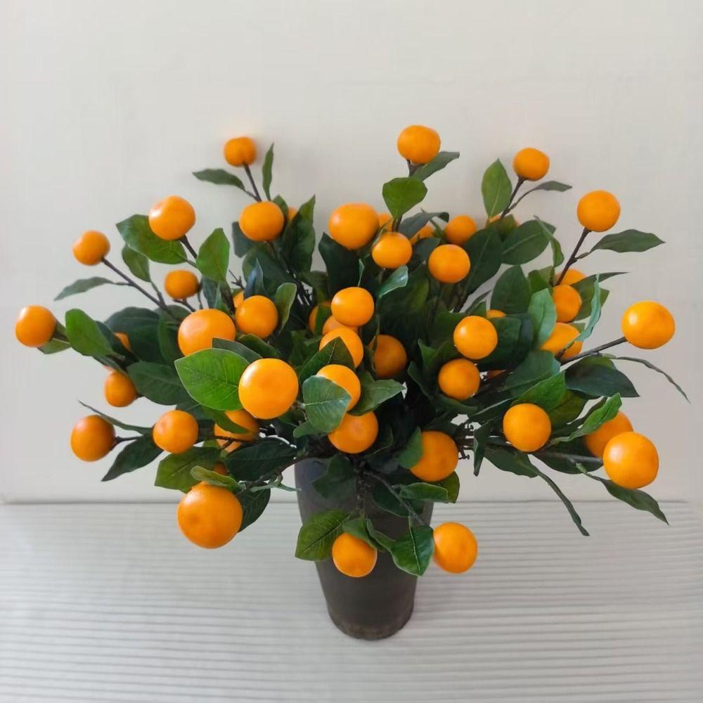 Plastic Realistic Imitation Fruit Stem Green Leaves Simulation Orange Wall Hanging Decor