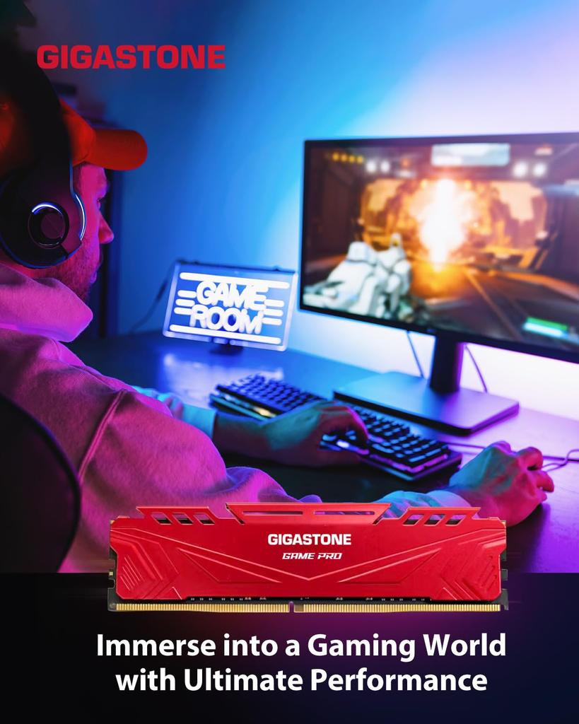 GIGASTONE Game PRO 16 ГБ x 4 DDR4 3200 МГц CL Intel XMP AMD Ryzen UDIMM Без буферизации Игровой модуль памяти для настольного ПК Красный (Комплект 64 ГБ) PC4-25600 16-18-18-40 2.0